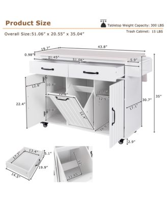 CASAINC Wood Rolling Drop Leaf with Trash Can Storage, Spice Rack, Towel Rack, Drawer & Adjustable Shelf Kitchen Island Cart
