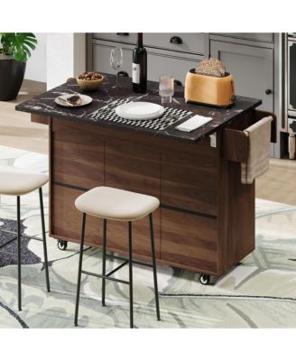 CASAINC Wood Rolling Drop Leaf with Trash Can Storage, Spice Rack, Towel Rack, Drawer & Adjustable Shelf Kitchen Island Cart