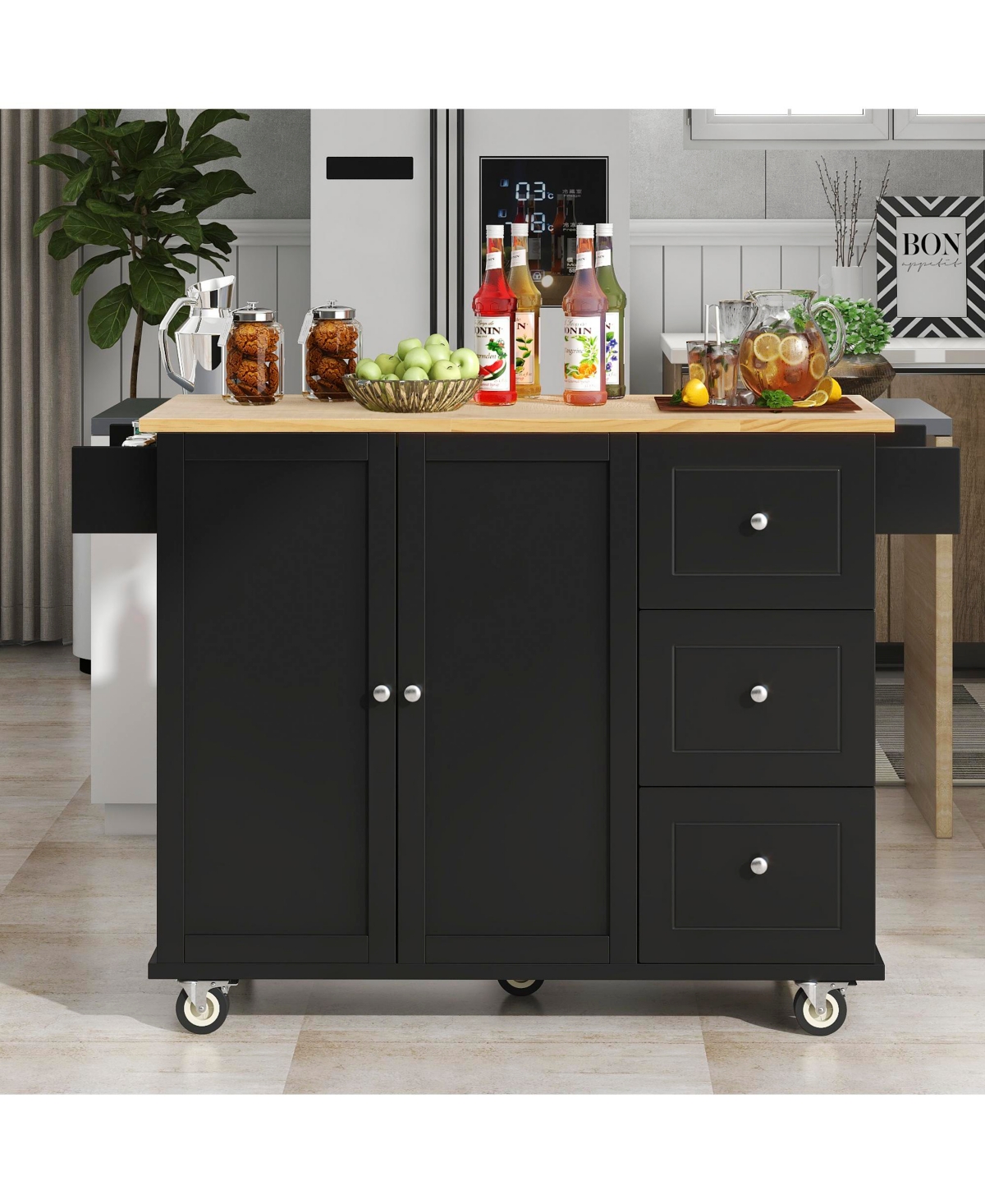 Casainc Rolling Kitchen Island with Solid Wood Top, Drop Leaf Bar, Locking Wheels, Storage Cabinet, Spice Rack, Towel Rack and Drawer, 52.7inch