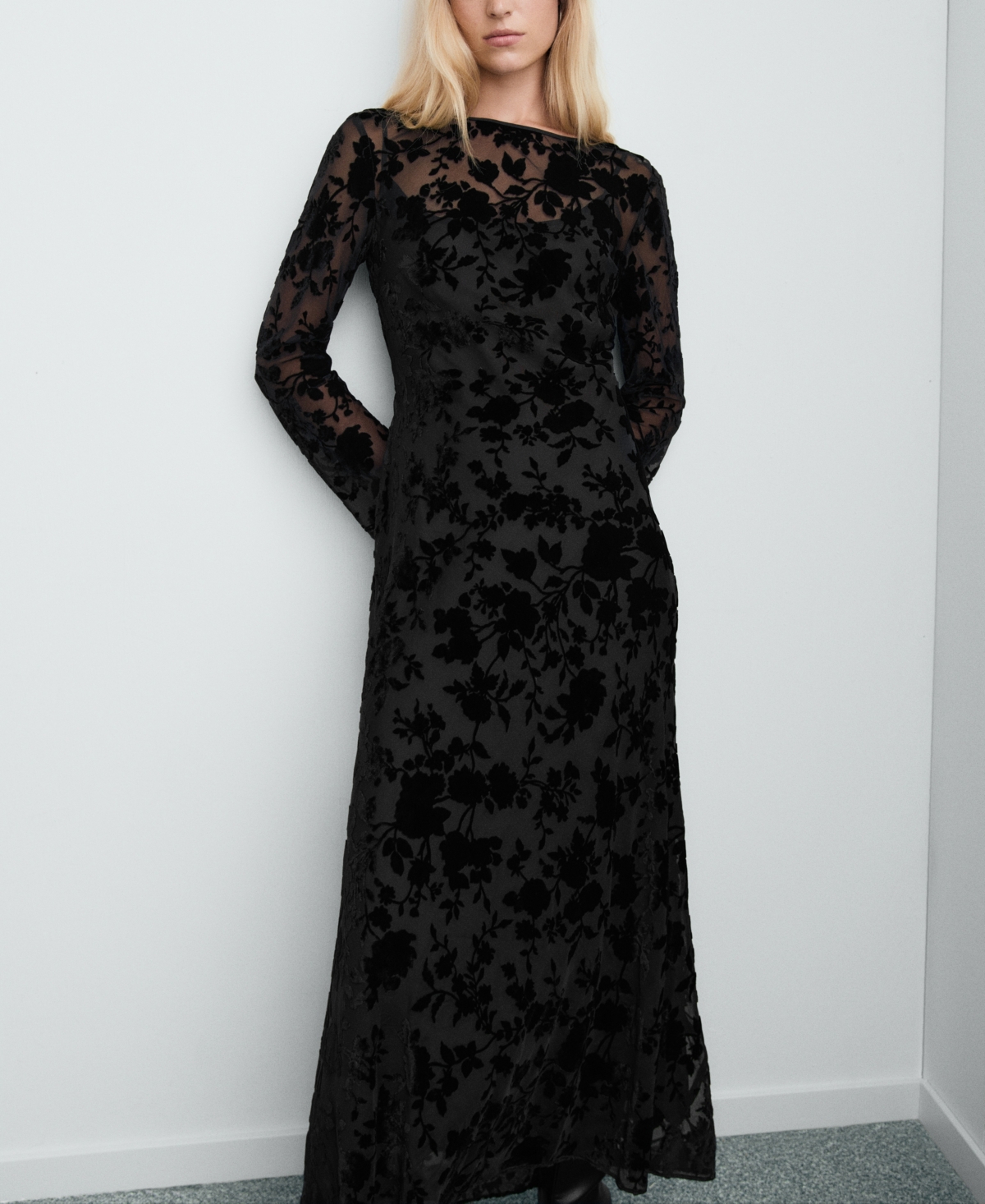 Mango Floral Jacquard Long Bell Sleeve Maxi Dress In Black