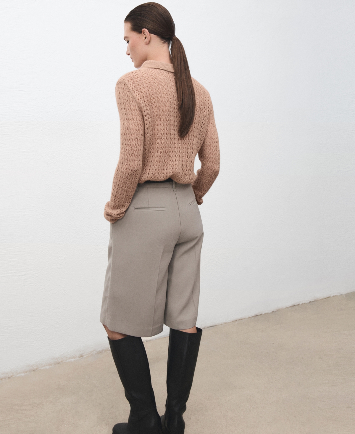 Mango Openwork Knitted Polo-neck Sweater Medium Brown In Brown