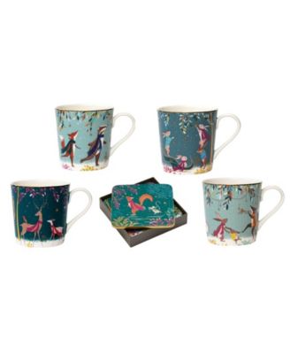 Portmeirion - Sara Miller Woodland Tales Mugs and Coaster 8-Pc. Set, Service for 4