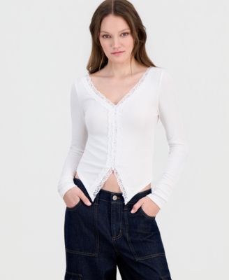 Derek Heart - Juniors' Lace-Trim Long-Sleeve Top