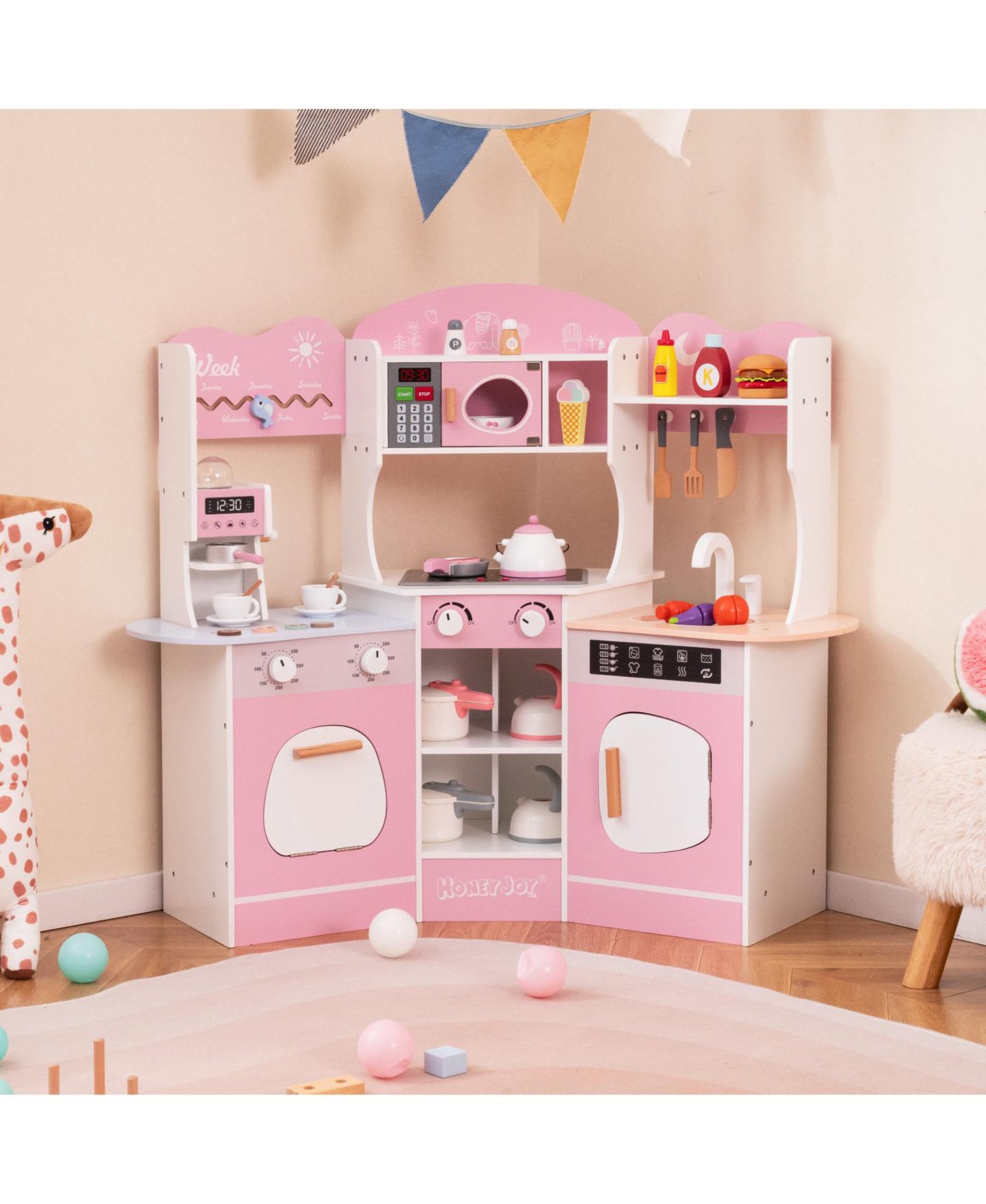 Детская игрушка SKONYON Wooden Play Kitchen with Coffee Machine and Slide, Ages 3+, цвет: Розовый — фото 7