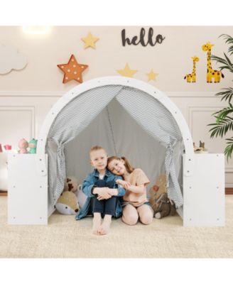 Wooden Kids Play Tent with Curtain Shades and 8 Cubbies-White