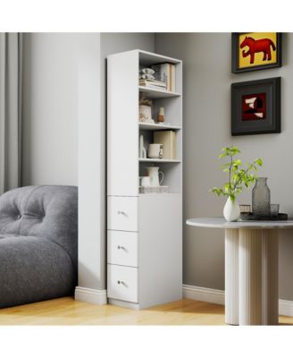 70.87" H Display Storage Cabinet with 4-Tier Shelves and 3 Side Drawers, Modern Wooden Tall Bookshelf for Home