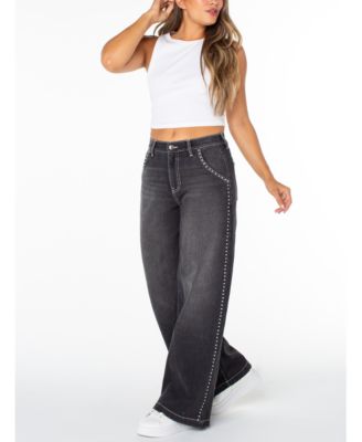 Juniors' Studded Wide-Leg Jeans