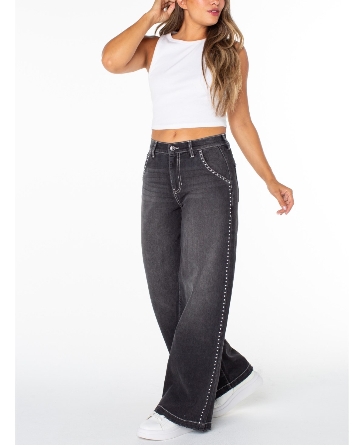 Celebrity Pink Juniors' Studded Wide-leg Jeans In Black