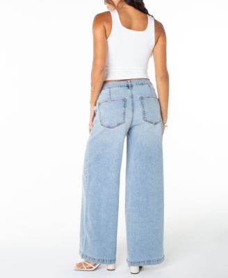 Juniors' Embellished Mid-Rise Wide-Leg Jeans 