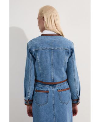 Women's Denim & Leather Collarless Jacket