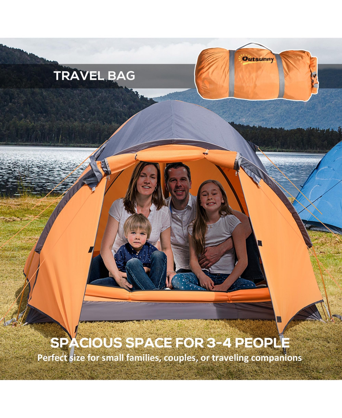 Outsunny 3-4 Person Camping Tent w/ Carrying Bag, for Backpacking Hiking
