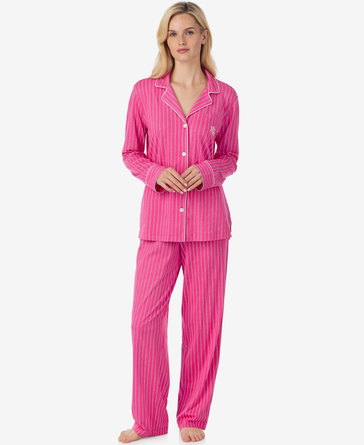 Ralph Lauren Women's Long Sleeve Notch Collar Long Pant Pajama In Pink