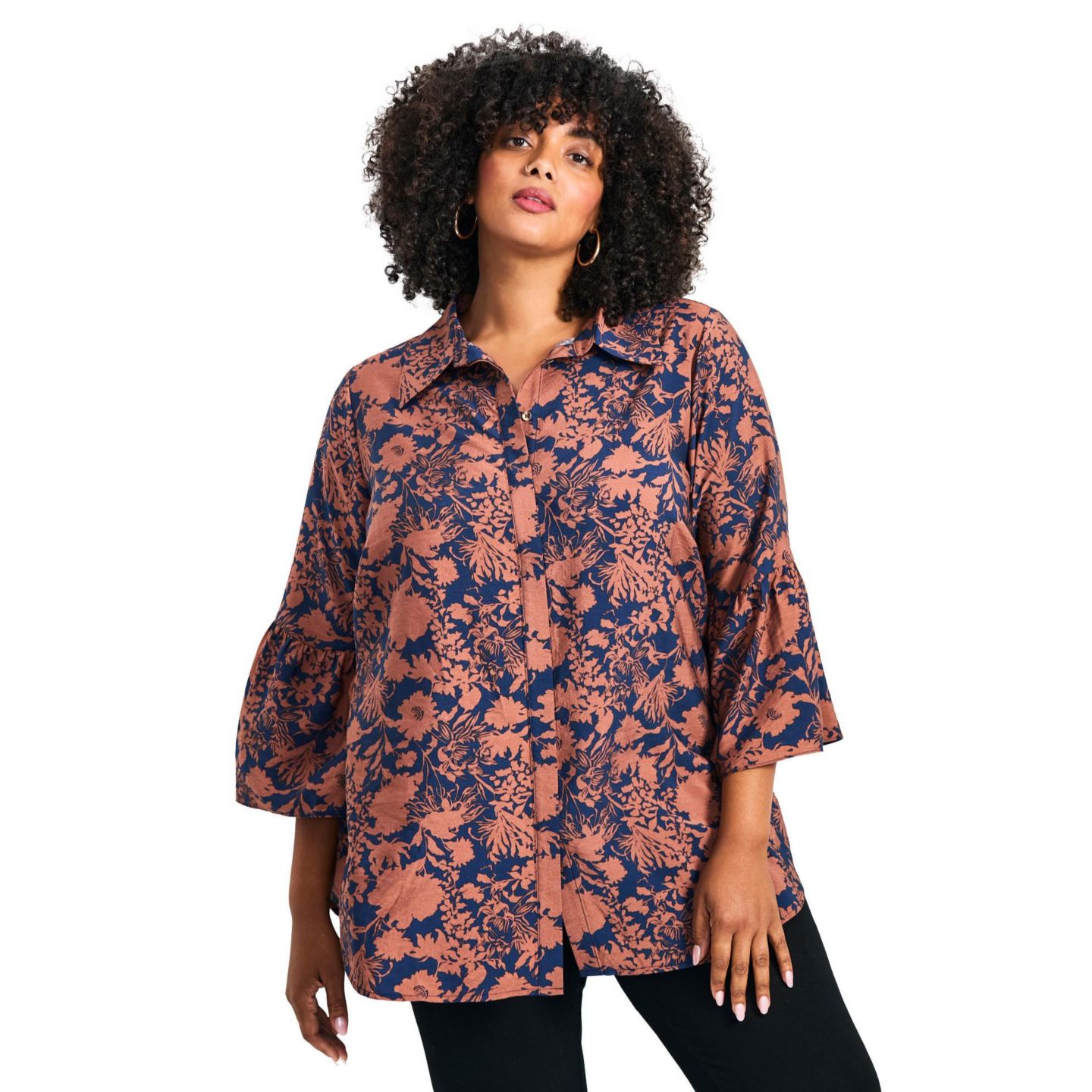 Женская рубашка Avenue Plus Size Marianne Ruffle Hem, цвет: С принтом — фото 1