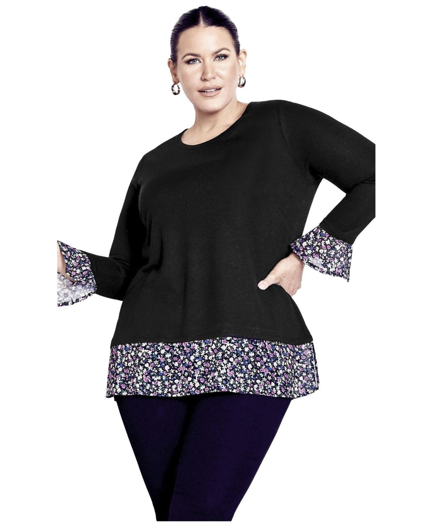 Женский топ Avenue Plus Size Hacci Chiffon Print, цвет: Чёрный — фото 1