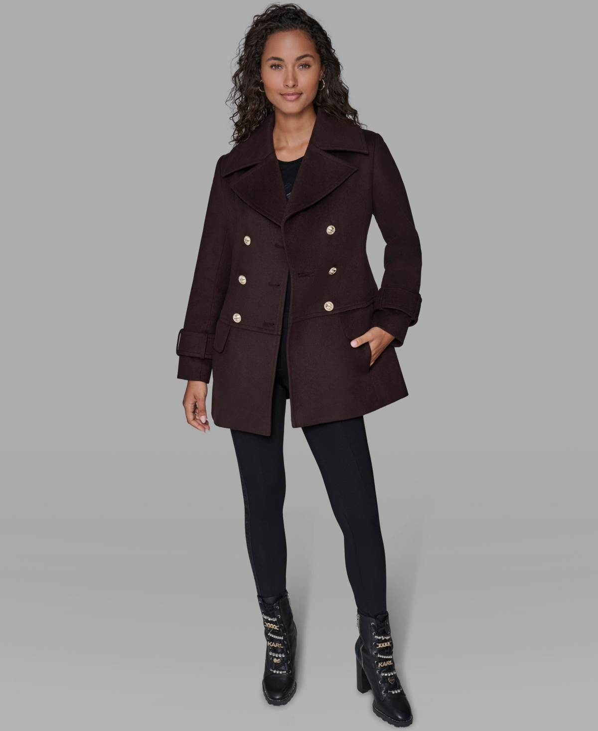 Karl Lagerfeld Women's Dropped Waist Peacoat In Brown
