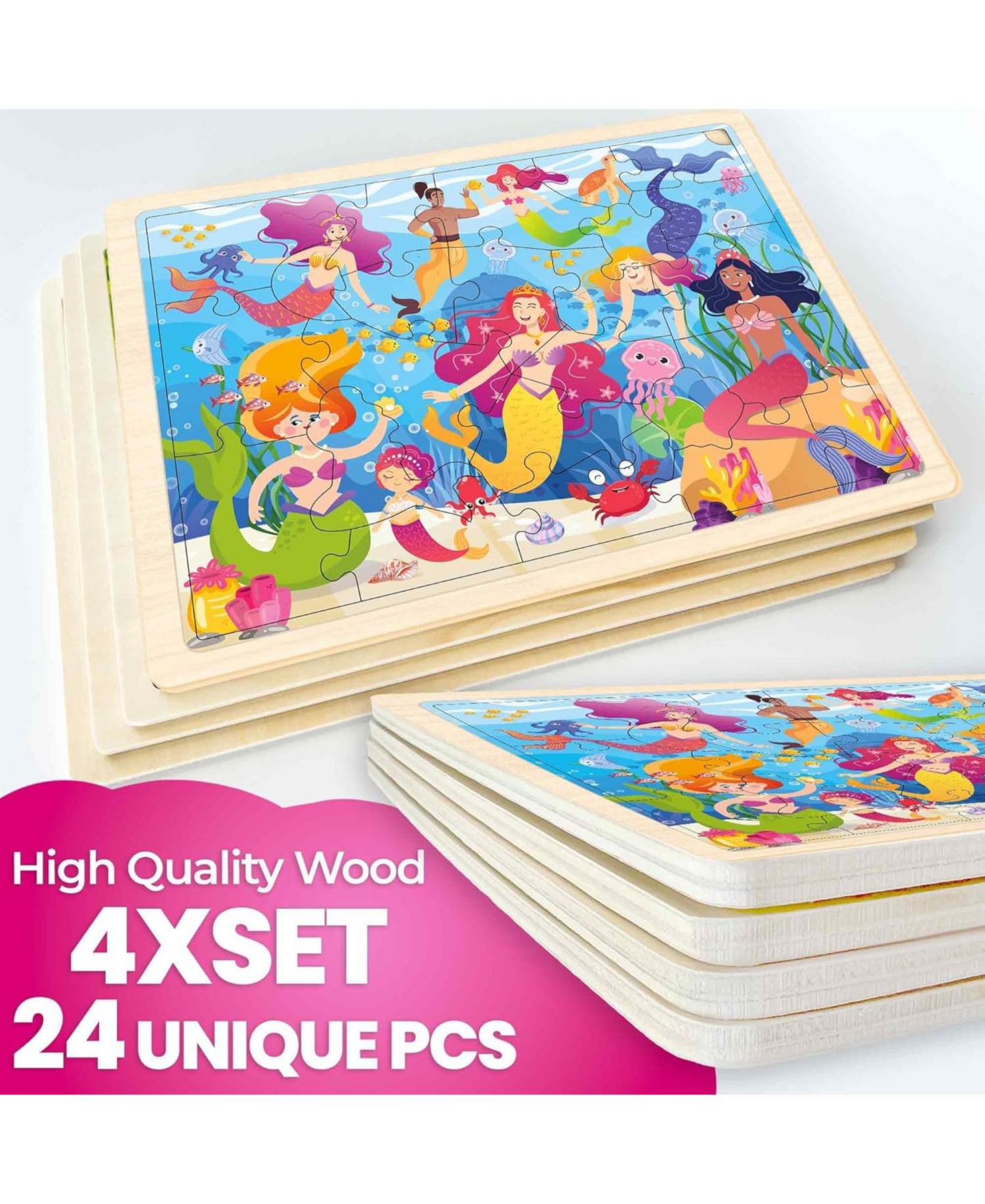 Детские игрушки Quokka Wooden Jigsaw 24-Piece 4-Puzzle Set, Ages 3+, цвет: Mermaids, Princesses — фото 4