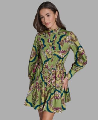 Women's Floral Button-Down Mini Dress with Tiered Skirt And Waist Tie