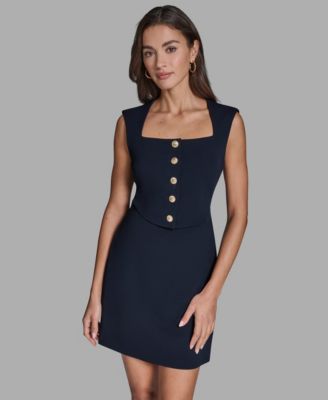 Women's Crepe Square Neck Button Front Two-Piece Dress
