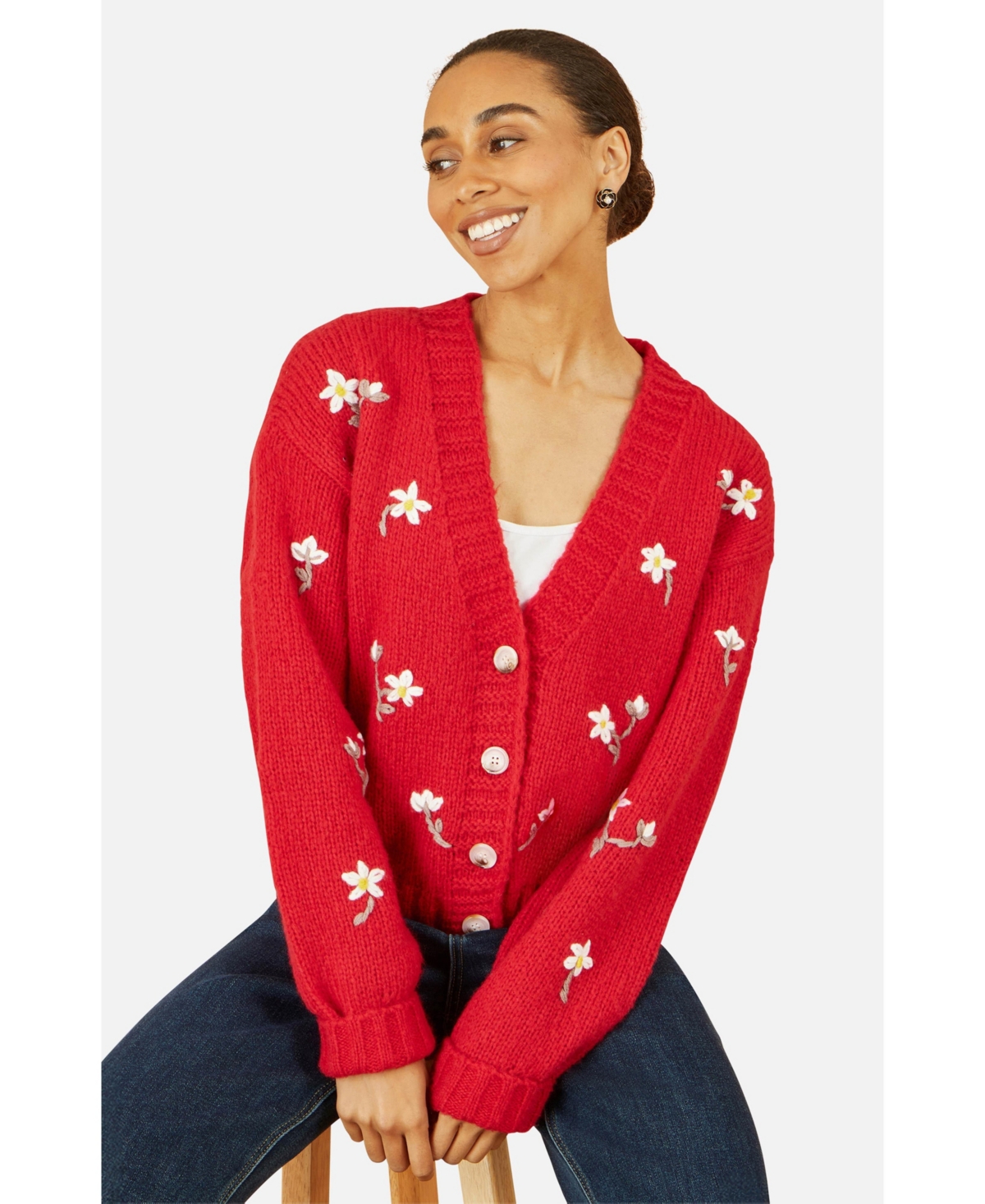 Yumi Women's Hand Embroidered Chunky Knitted Cardigan