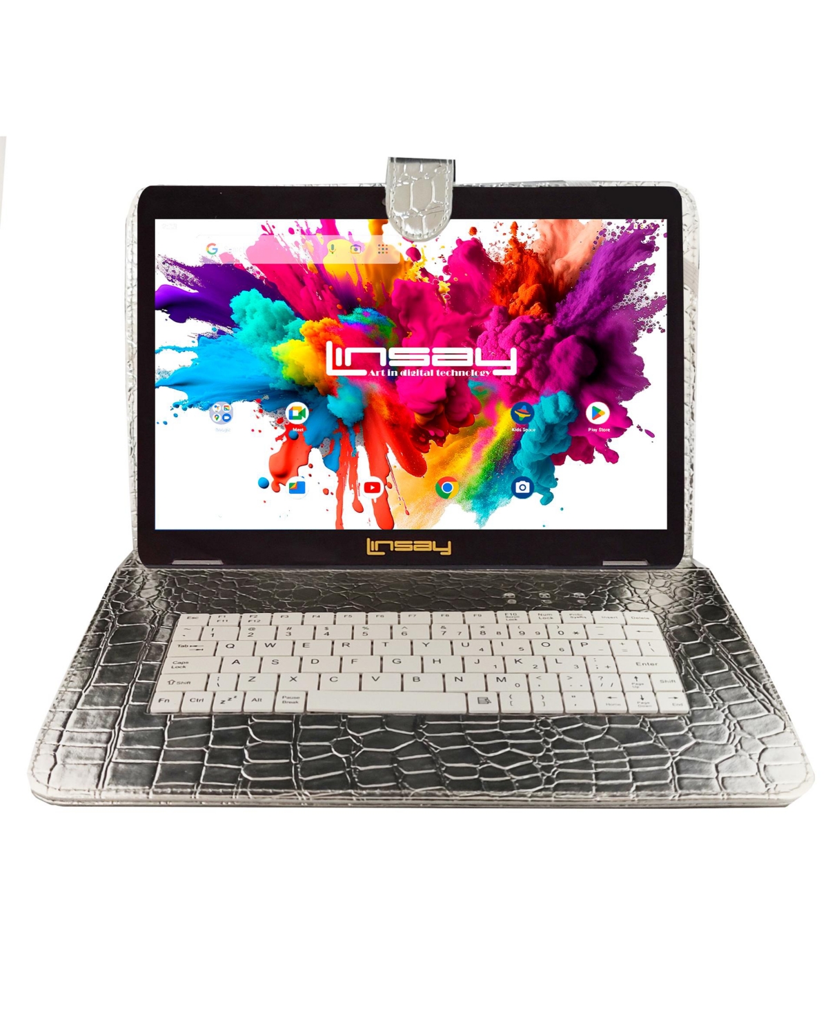 New Linsay 10.1" Tablet Octa Core 128GB Bundle Deluxe with Silver Keyboard Newest Android 15