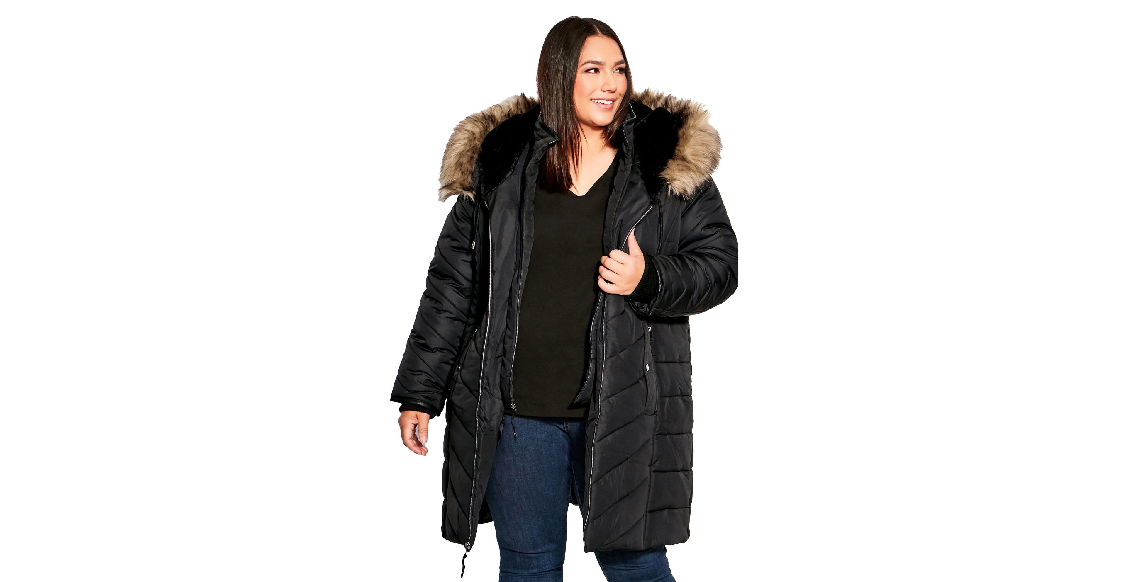 Avenue Women's Chevron Long Puffer Coat with Faux Fur Hood