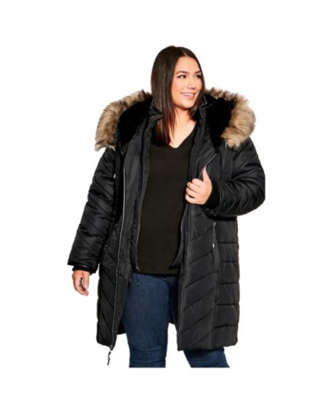 Женские куртки AVENUE Plus Size Chevron Long Puffer Coat with Faux Fur Hood