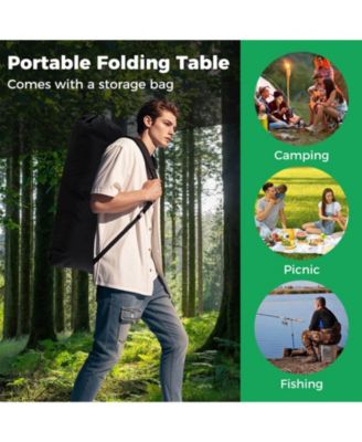 Patio Folding Camping Table with Aluminum Roll-up Tabletop & Mesh Basket