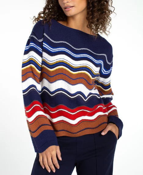 Women's Petite Boat Neck Scallop Hem Sweater - Navy Brown Multi Stripe