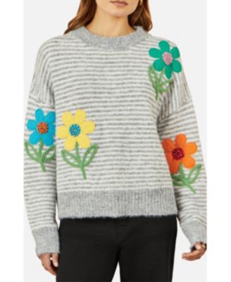 Women's Striped Relaxed Fit Jumper With Flowers
