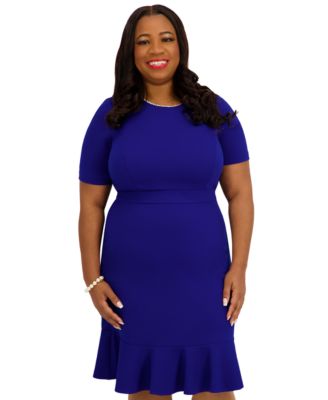 Women's Round Neck Knee Length Ruffle Skirt Dress, Regular and Plus Size