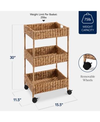 3-Tier Water Hyacinth Rolling Utility Cart w/ Weaved Baskets