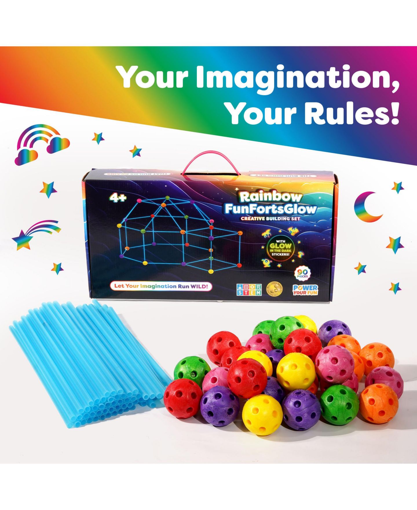 Детский конструктор Power Your Fun Glow in the Dark Rainbow Fun Forts 90-Piece Building Set, Ages 4+ — фото 9