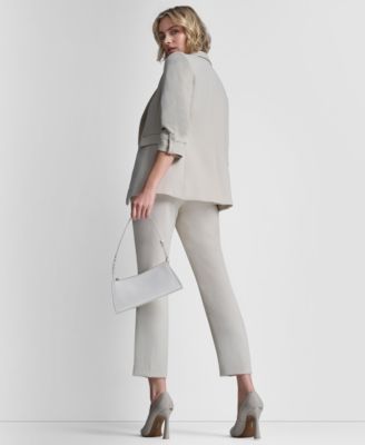 Dkny Womens Notch Collar Ruched Sleeve Jacket Charm Detailed Ankle Length Pants Collared Button Up Blouse In Gray