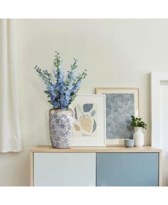 Vintage Blue Floral Vase with Handles, Decorative Ceramic Jar for Farmhouse Decor