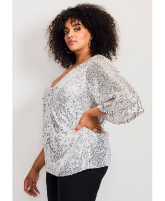 Women's Faux Wrap Sequin Top