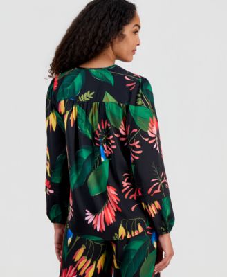 Women's Floral-Print Split-Neck Piping Blouse