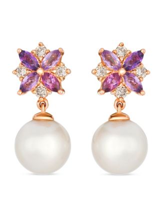 Freshwater Pearl (8-9mm), Amethyst (0.12 ct. t.w.), Rhodolite (0.18 ct. t.w.), & Diamond (0.20 ct. t.w.) Earrings in 14k Strawberry Gold