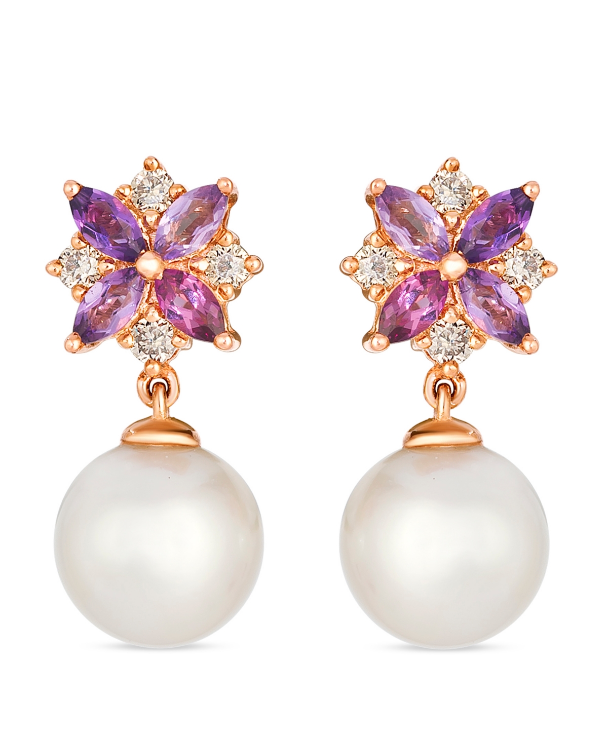 Le Vian Freshwater Pearl (8-9mm), Amethyst (0.12 ct. t.w.), Rhodolite (0.18 ct. t.w.), & Diamond (0.20 ct. t.w.) Earrings in 14k Strawberry Gold