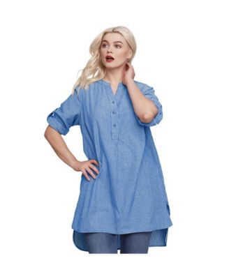 Plus Size Three-Quarter Sleeve Roll Tab Relaxed Fit 100% Cotton Henley Tunic Tops
