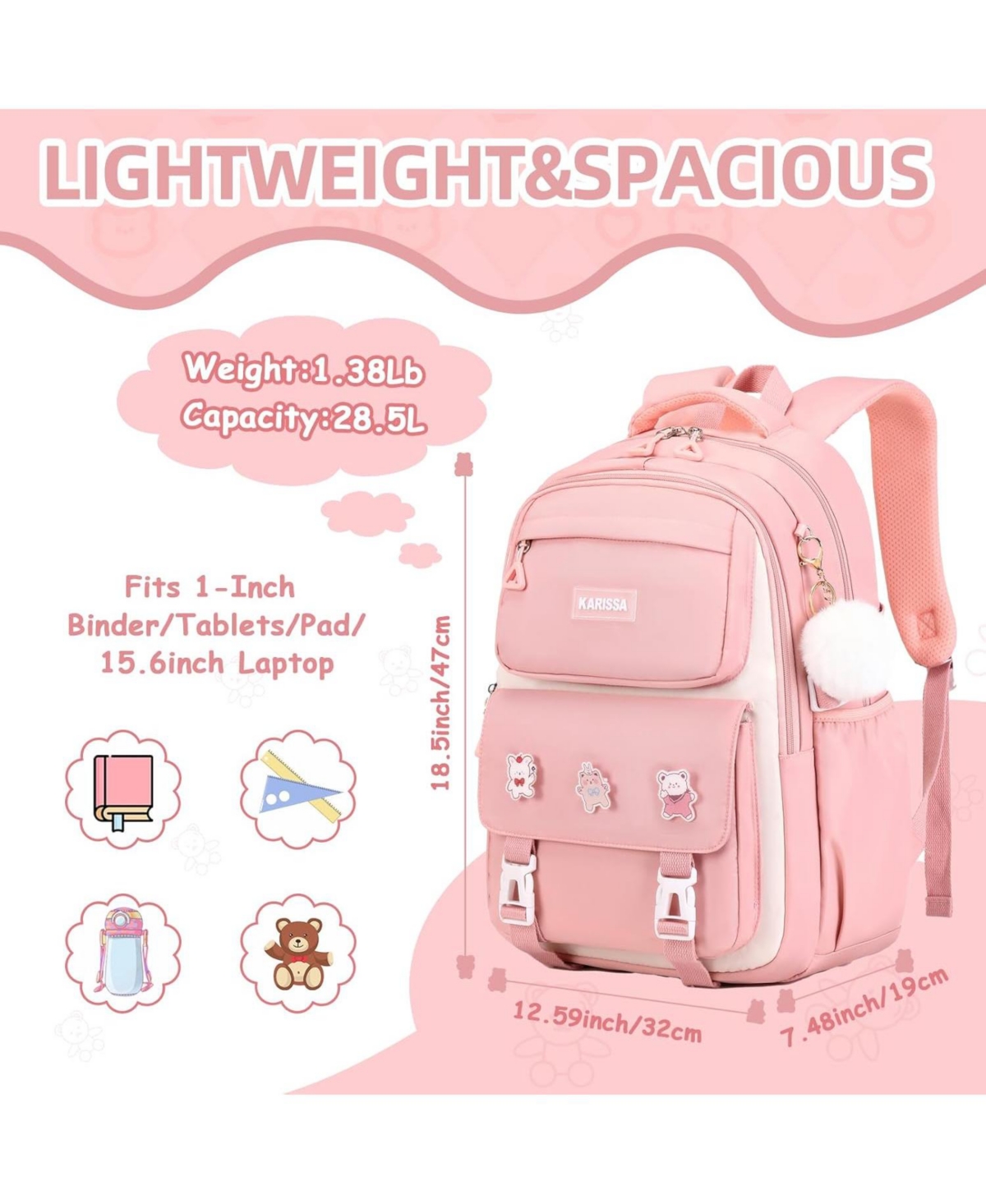 Batfox Pink Girls Backpack Kids Backpack for Girls