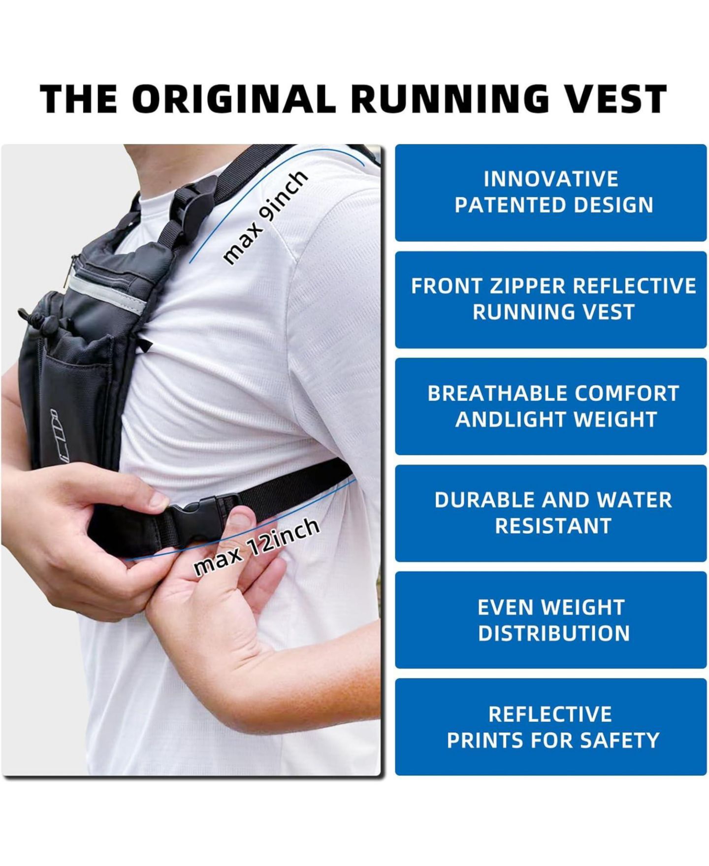 Женский жилет BATFOX Running Vest Chest Pack with Hydration Bottle & Reflective Gear, Sport Chest Bag for Men & Women (Slate), цвет: Чёрный — фото 6