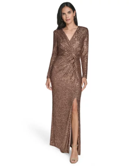 Petite Twist Front Long-Sleeve Gown - Taupe