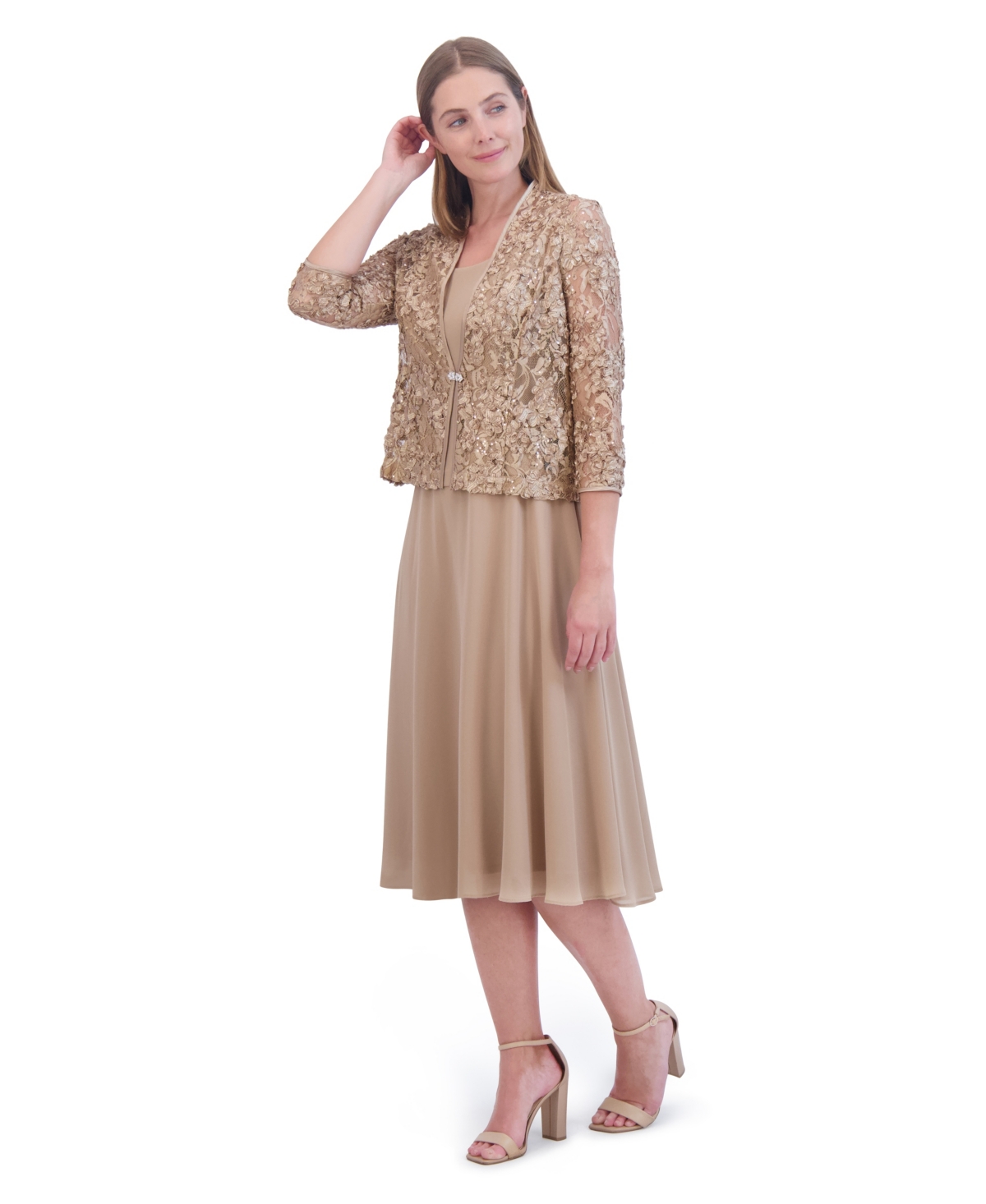Jessica Howard Petite Lace Jacket & Chiffon Midi Dress Set In Brown