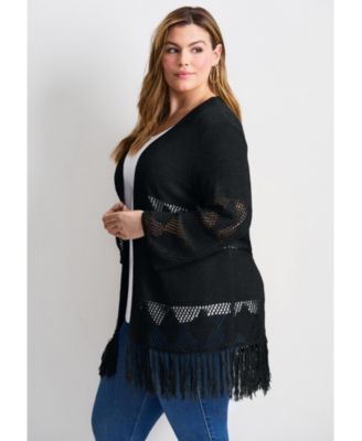 Women's Plus Size Pointelle Fringe Cardigan
