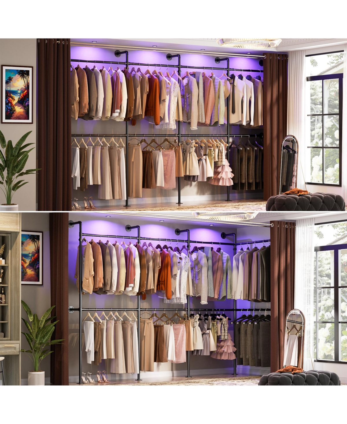 Aheaplus 3.5-13.5 Ft Reversible Wall Mounted Industrial Metal Pipe Clothing Rack for Hanging Clothes