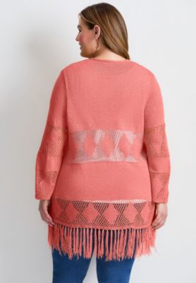 Women's Plus Size Pointelle Fringe Cardigan