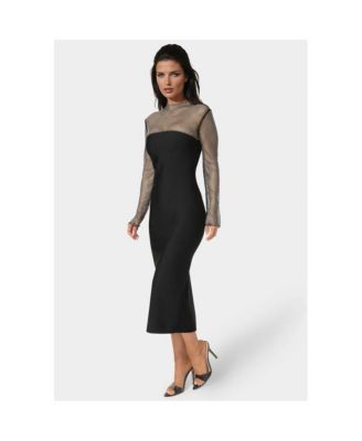 Women's Long Sleeve Midi Dress With Crystal Mesh Combo