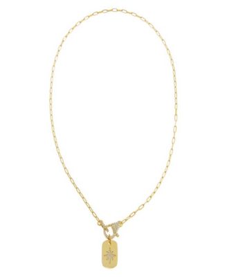 Pave Starburst Gold Plated Dog Tag Toggle Necklace