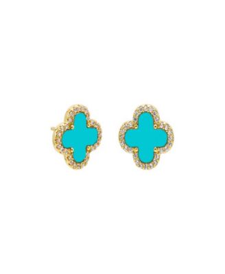 Gold Plated Pave Outlined Four Leaf Clover Stud Earrings