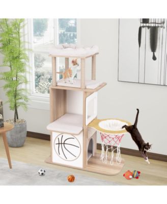 47 Inches Wooden Cat Tree with 2-Story Cat Condo and Basketball Hoop Hammock